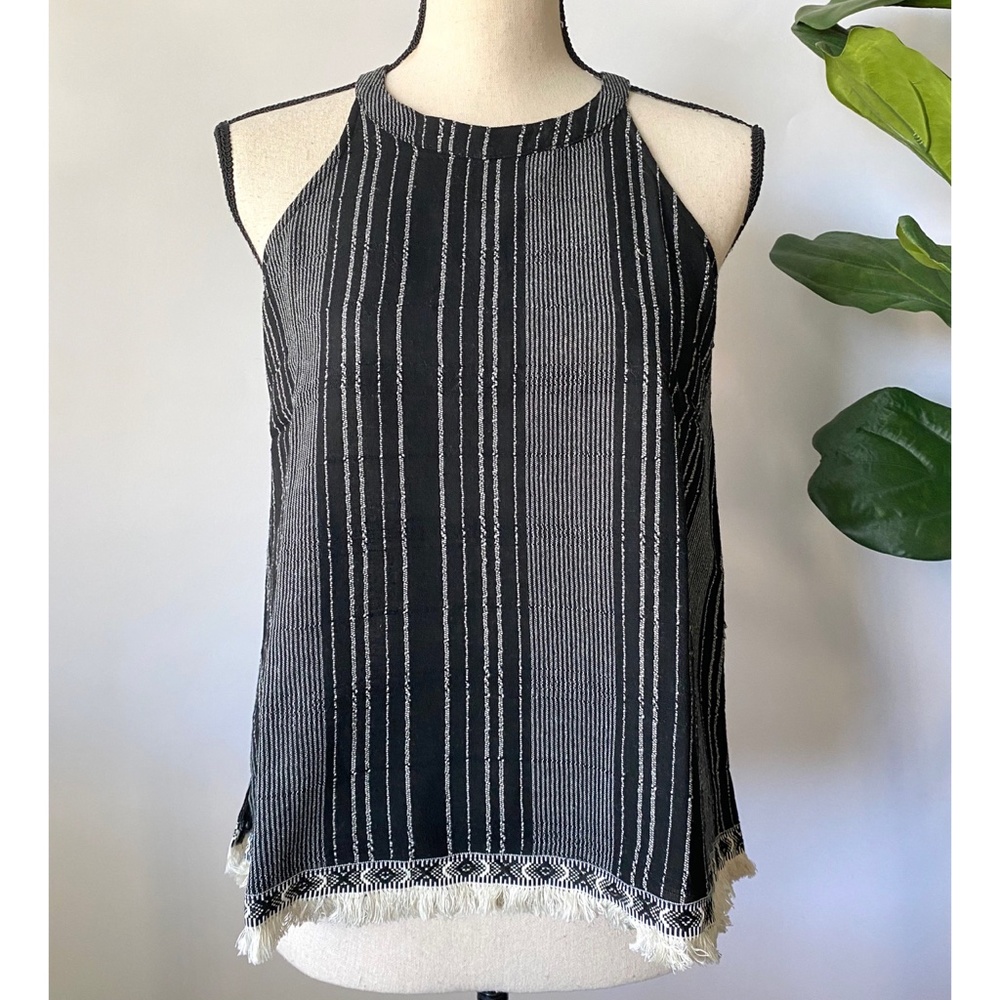 Leila•Textured Striped Mock Neck fringe black Tank